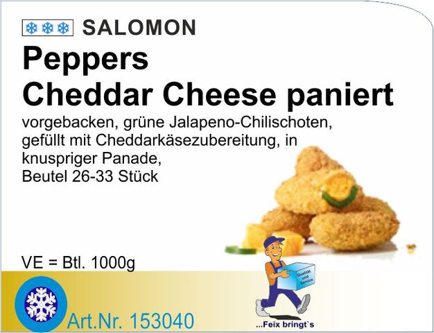 153040 - Peppers 'Cheddar Cheese' paniert 1 kg 28-33 St. (6BTL./Kt.) TK