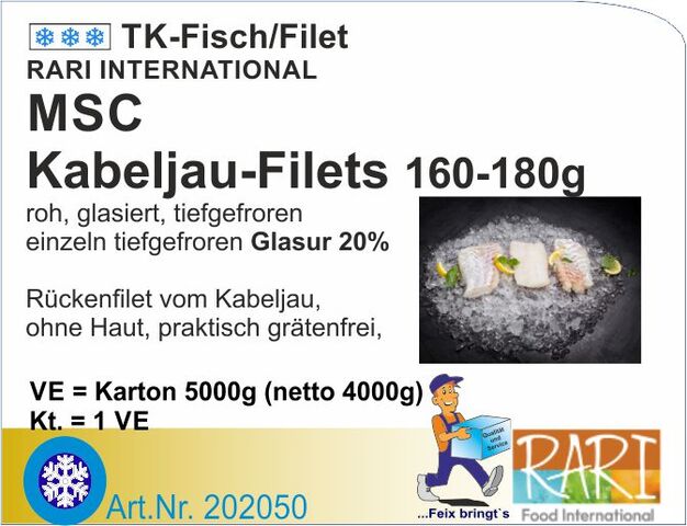 202050 - Kabeljau-Filets o. Haut 160/180g (5kg)