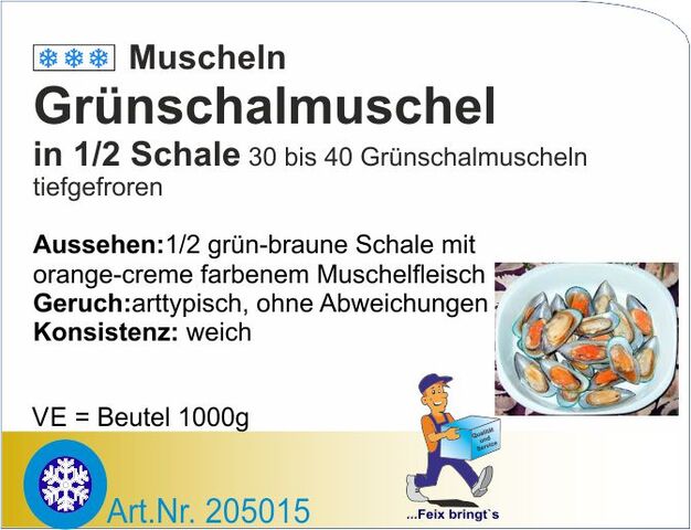205015 - Grünschalen Muscheln 1/2 Schale (Neuseeland-Muschel) (10x1kg/Kt)