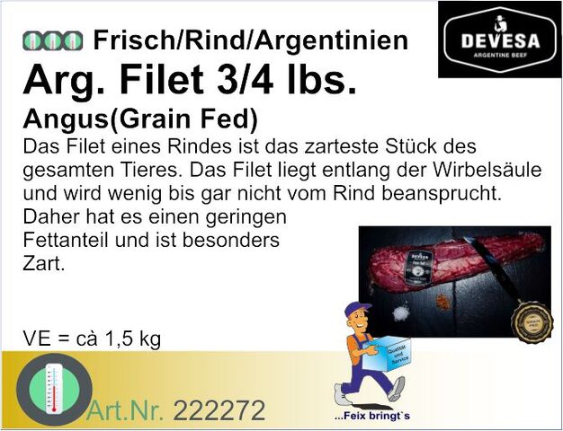 222272 - Rinderfilet 3/4 lbs ca.1,5 kg Arg. Angus Grain Fed frisch (4 Stck/Kt)