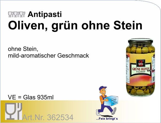 362534 - Grüne Oliven o. Stein 935ml (6Gl/Kt.)