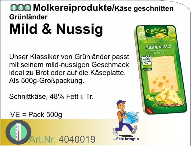 4040019 - Grünländer Natur mild & nussig 48% 500g, geschnitten (8Pack/Kt)