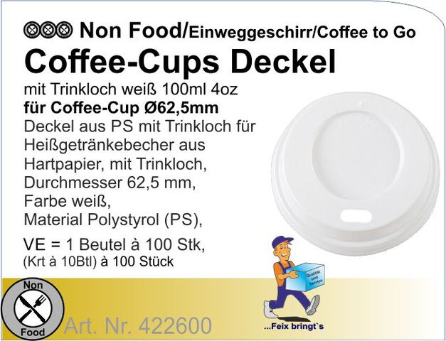 422600 - Coffee-Cups Deckel weiß 100ml 4oz Ø 62,5mm (10x100St./Kt.)