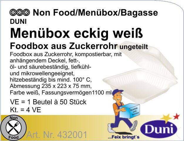 432001 - Menübox Bagasse weiß ungeteilt 235x223x75mm (4x50St/Kt)