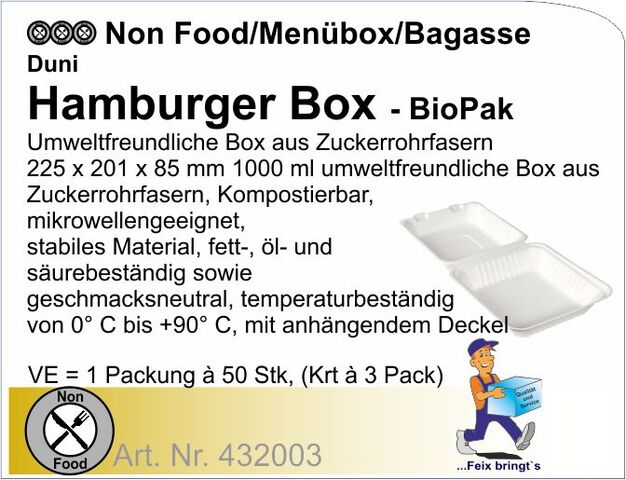 432003 - Duni Bagasse-Burger Box 1000ml weiß 225x201x85mm (3x50St/Kt)