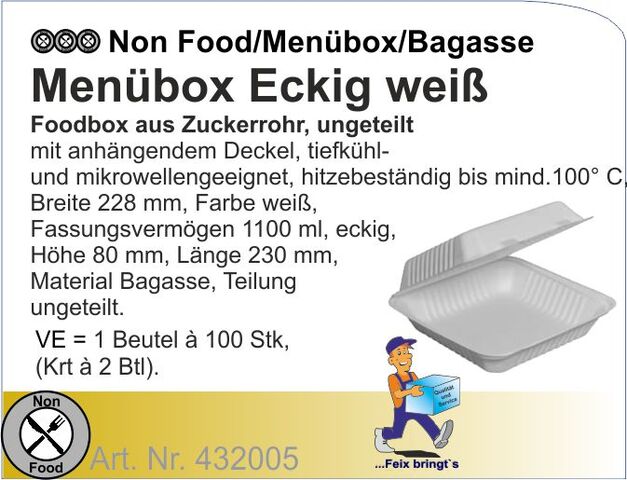 432005 - Menübox Bagasse weiß ungeteilt 230x228x80mm (2x100St/Kt)
