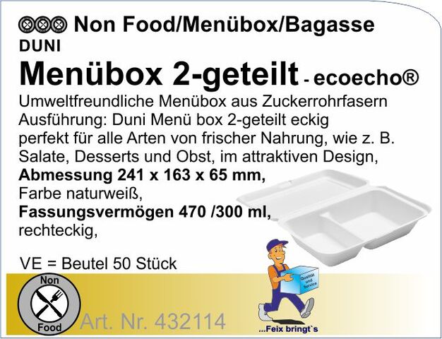 432114 - Duni Menübox Bagasse 2-geteilt 241x163x65mm / 770ml (5x50St/Kt)