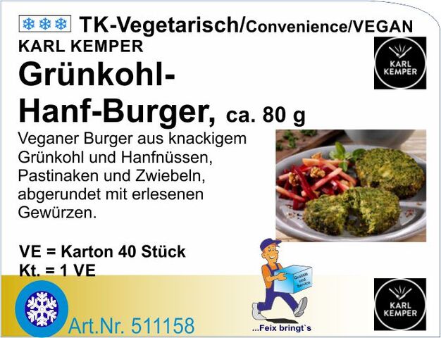 511158 - Grünkohl-Hanf-Burger ca.80g (40St/Kt)
