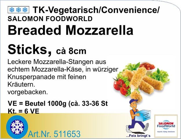511653 - Mozzarella-Sticks 'Breaded' paniert (Kt. 6 Btl.l à 1 kg ca.35 St.)