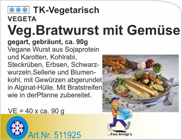 511925 - Vegane Bratwurst mit Gemüse, gegart ca. 90g (40xca.90g/Kt)