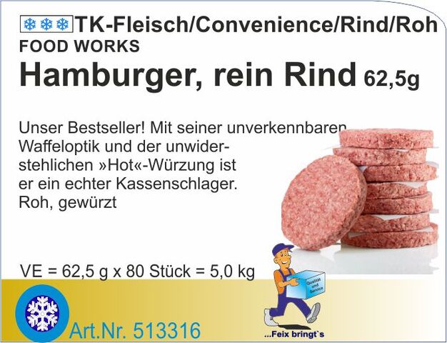 513316 - Hamburger Rind 62,5g 10cm Ø (80Stk/Kt)