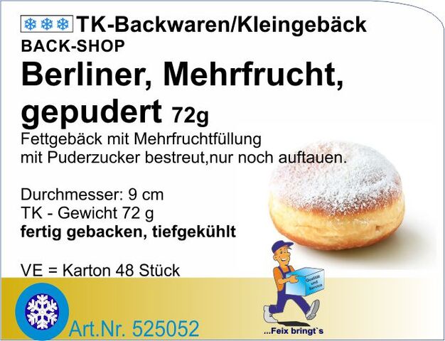525052 - Berliner-Vierfruchtfüllung/ m.Staubzucker 72g (48St/Kt ) B